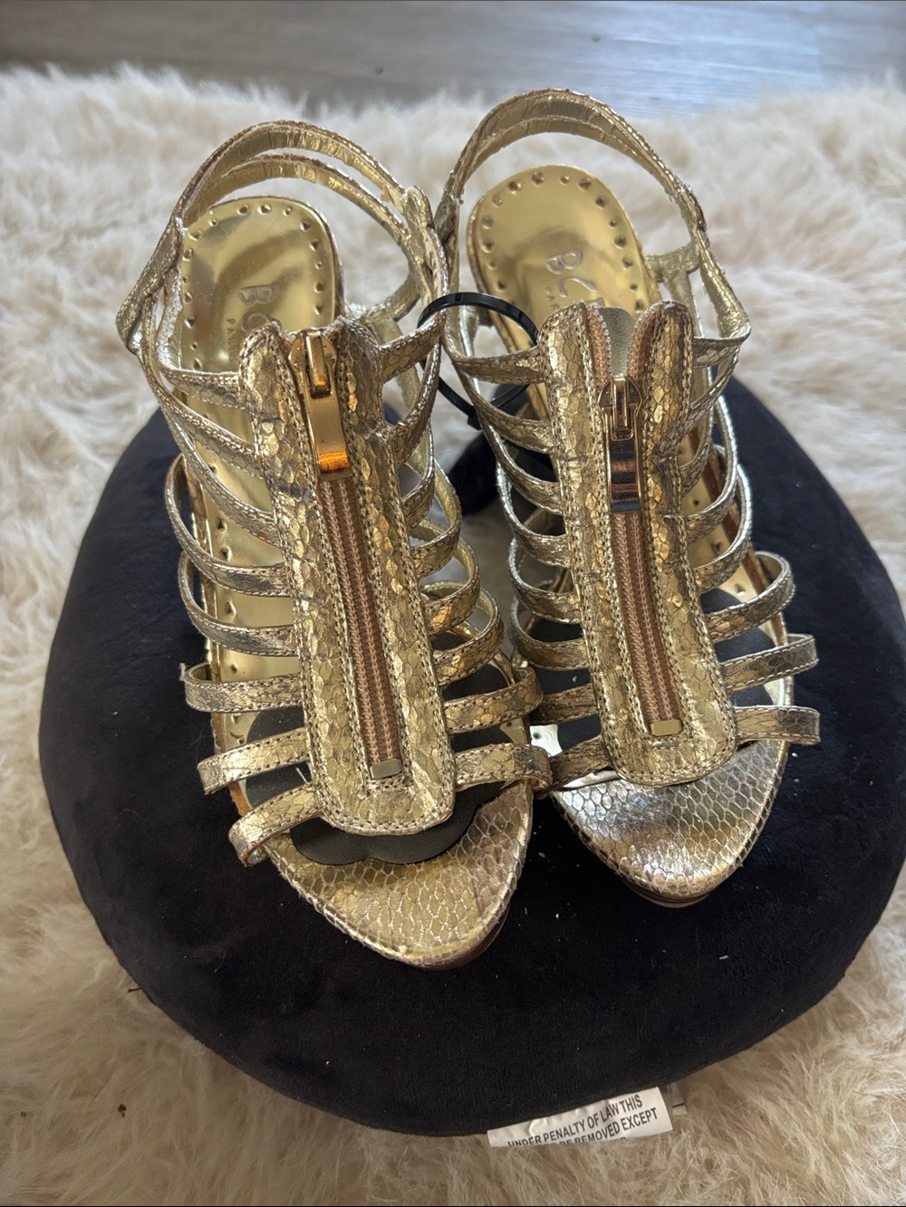 BCBG Metallic Gold Strappy Zip-Front Heels